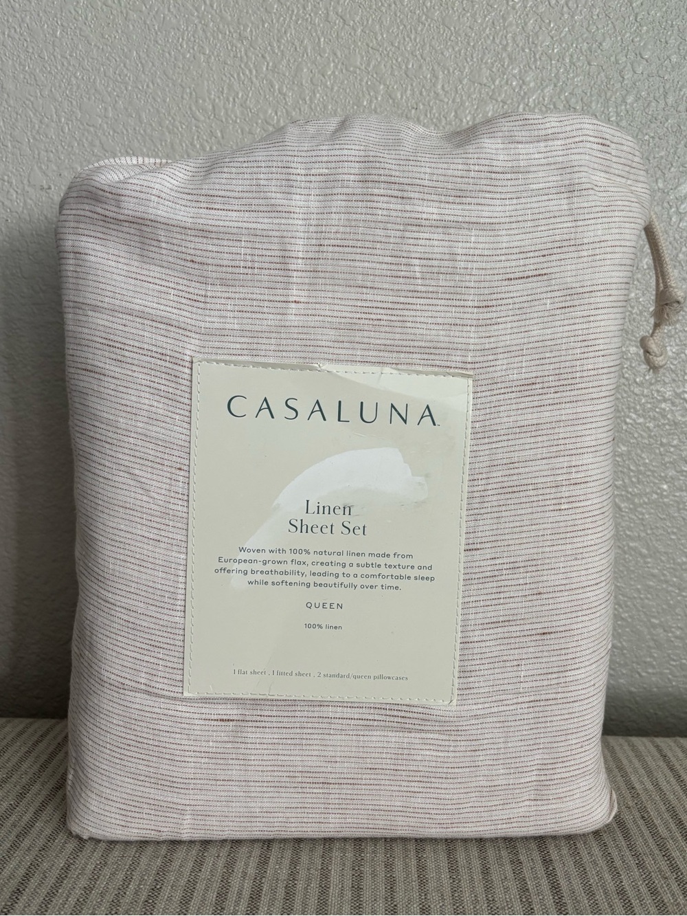 NWT Queen 100% Linen Sheet Set Adobe Clay Micro Stripe - Casaluna